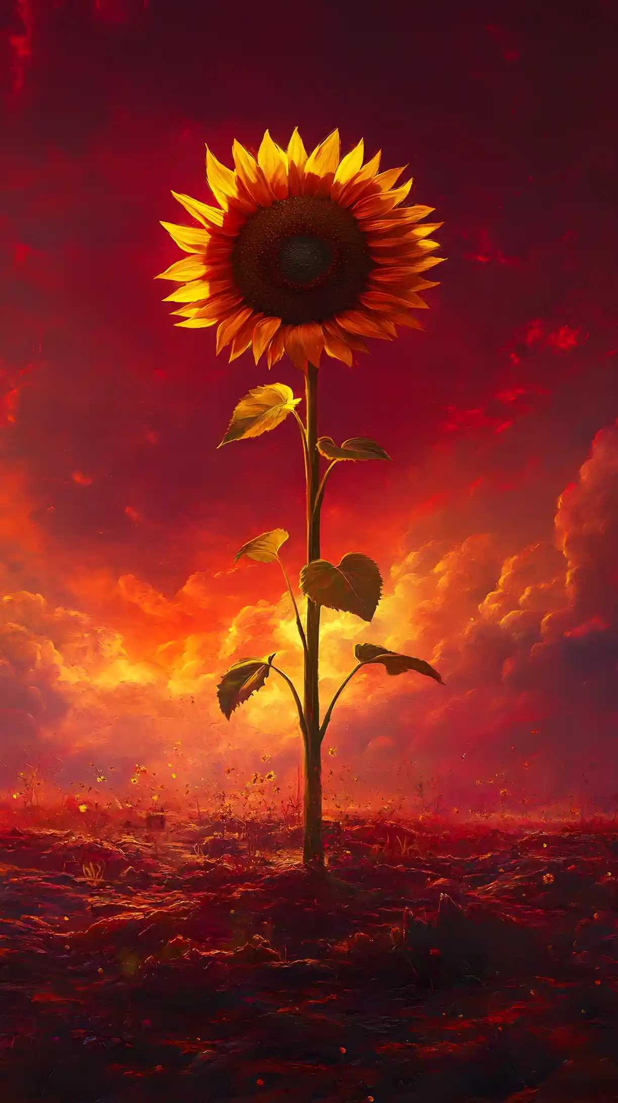 Girasole gigante in un paesaggio di cielo alieno rosso