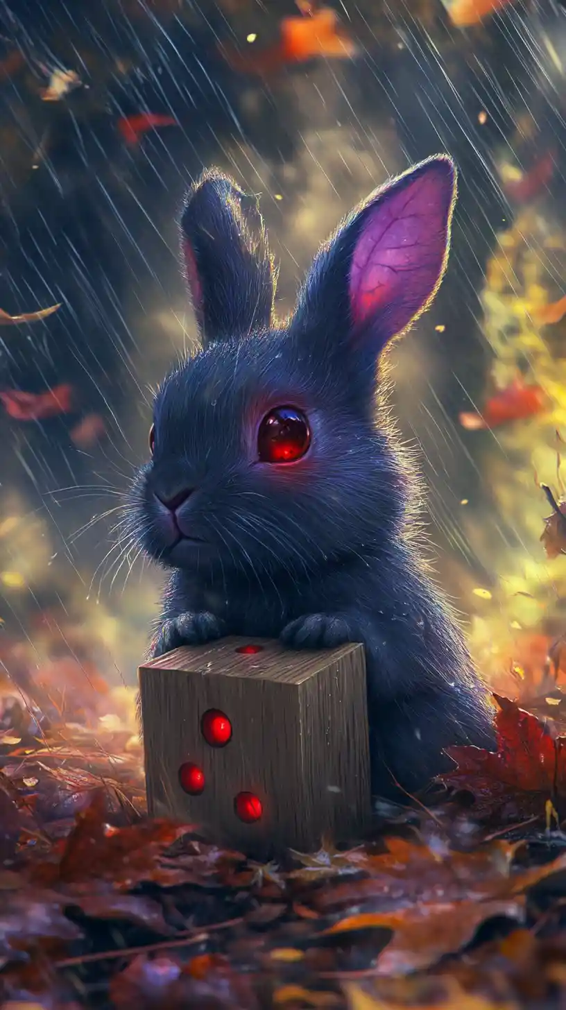 Domino On Autumn Leaves With Creeping Purple Rabbits