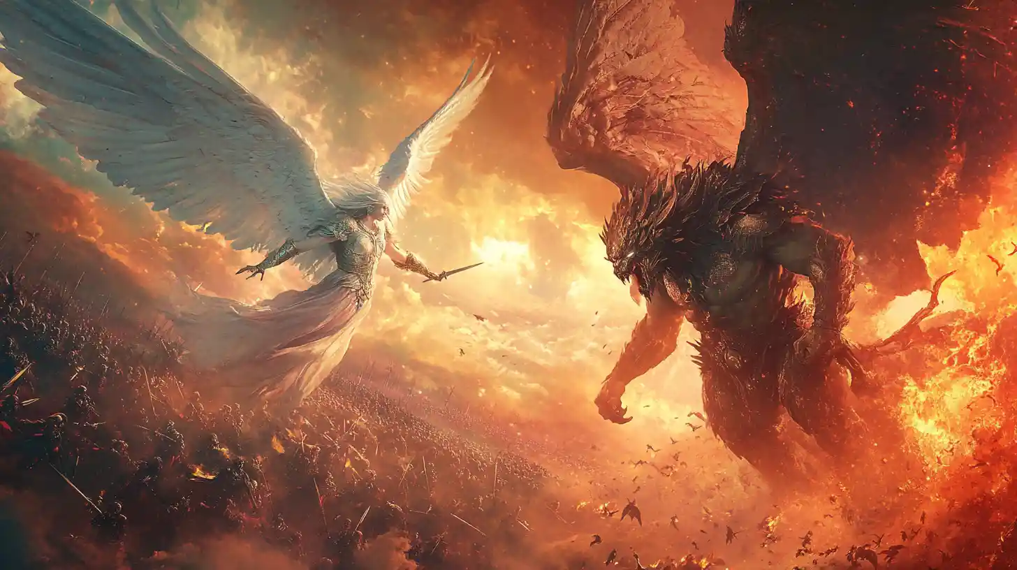 Angel And Demon Battle In Radiant Heavenly Skies