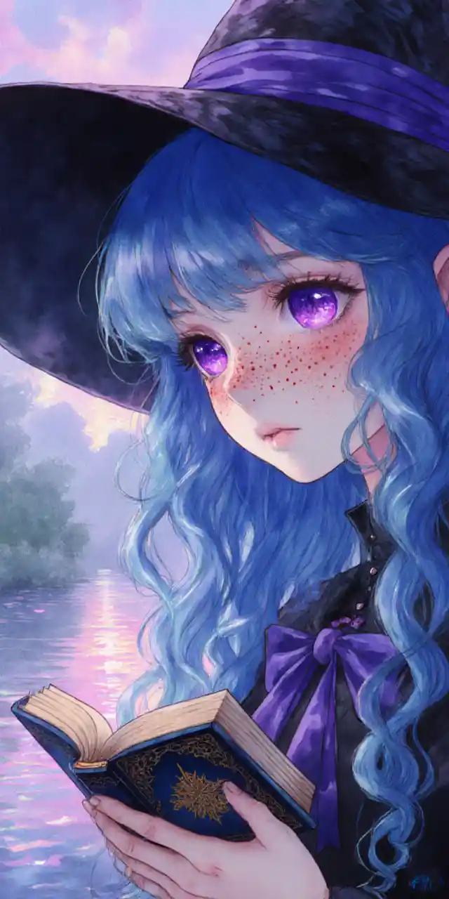 Witch anime girl by a glowing twilight river