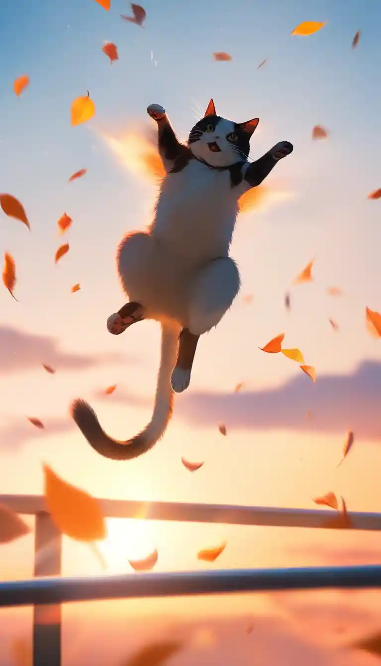 Gato juguetón saltando sobre un obstáculo en un campo bañado por el sol