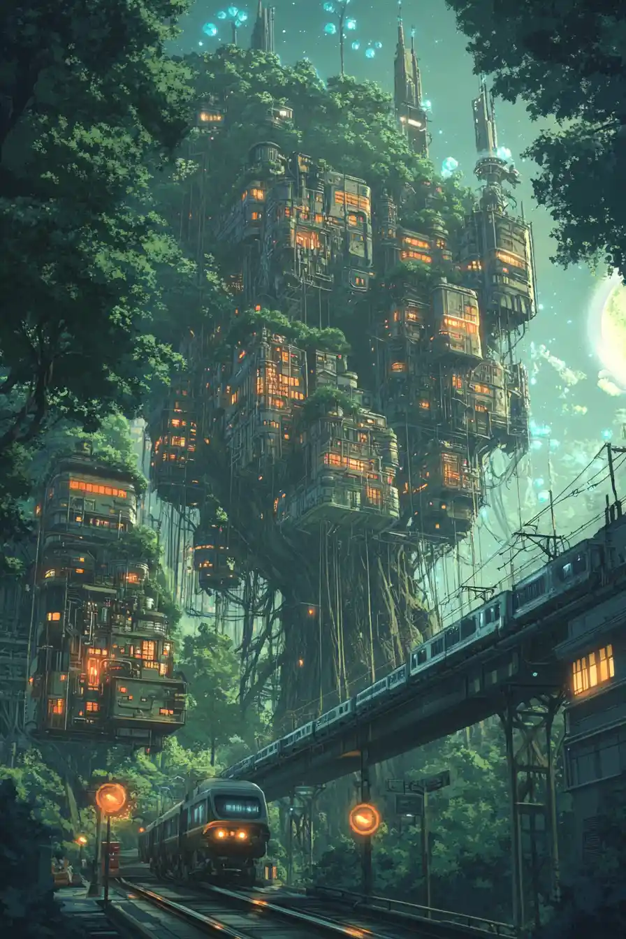 Città foresta anime cresciuta in imponenti alberi viventi