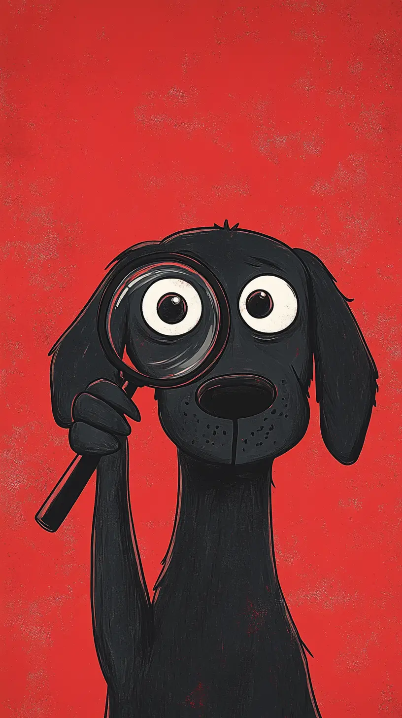 Neugieriger schwarzer Cartoon-Hund mit vergrößertem Auge Illustration