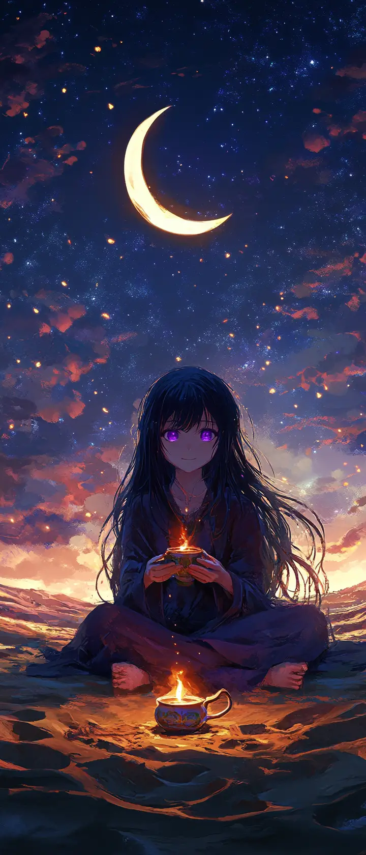Anime-Mädchen teilt Tee in einer leuchtenden Wüstenoase