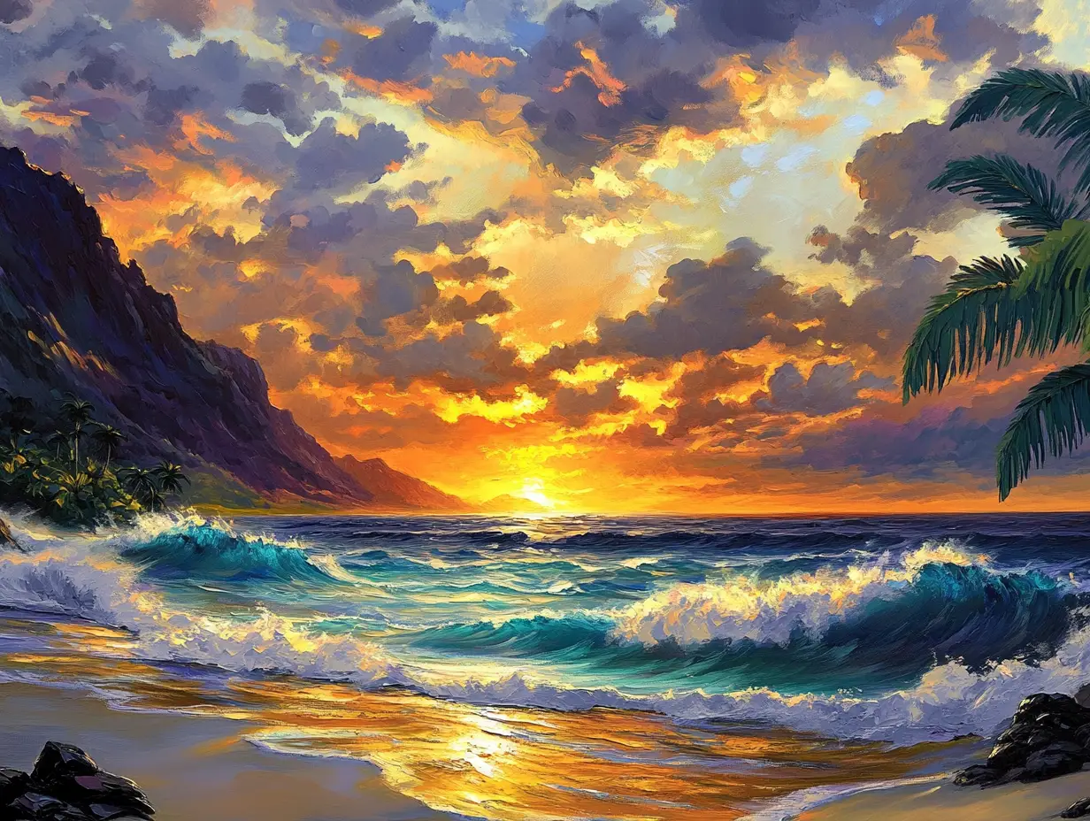戲劇性的熱帶夕陽與翻湧海浪