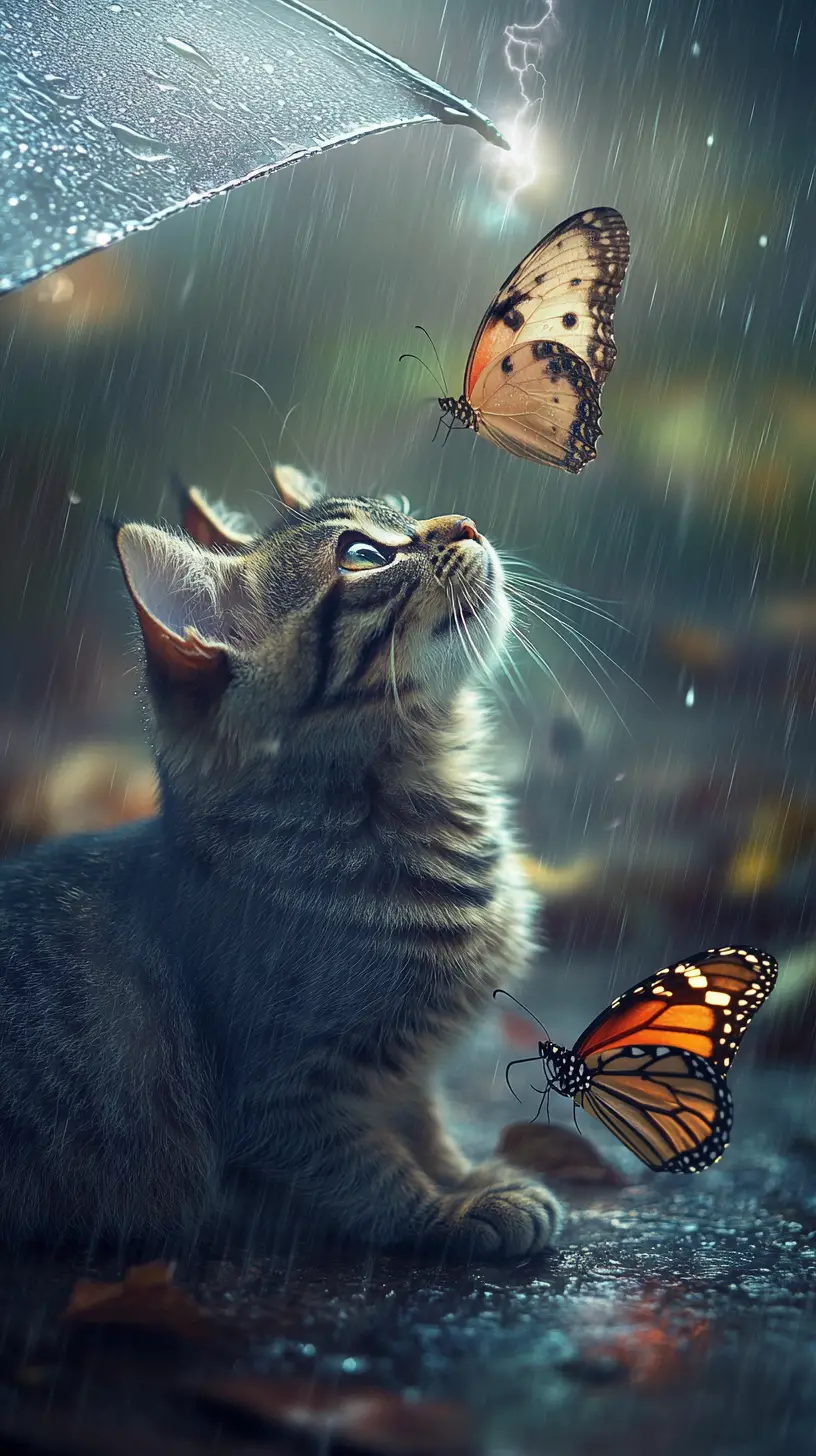 溫柔細雨中撐傘的貓與蝴蝶