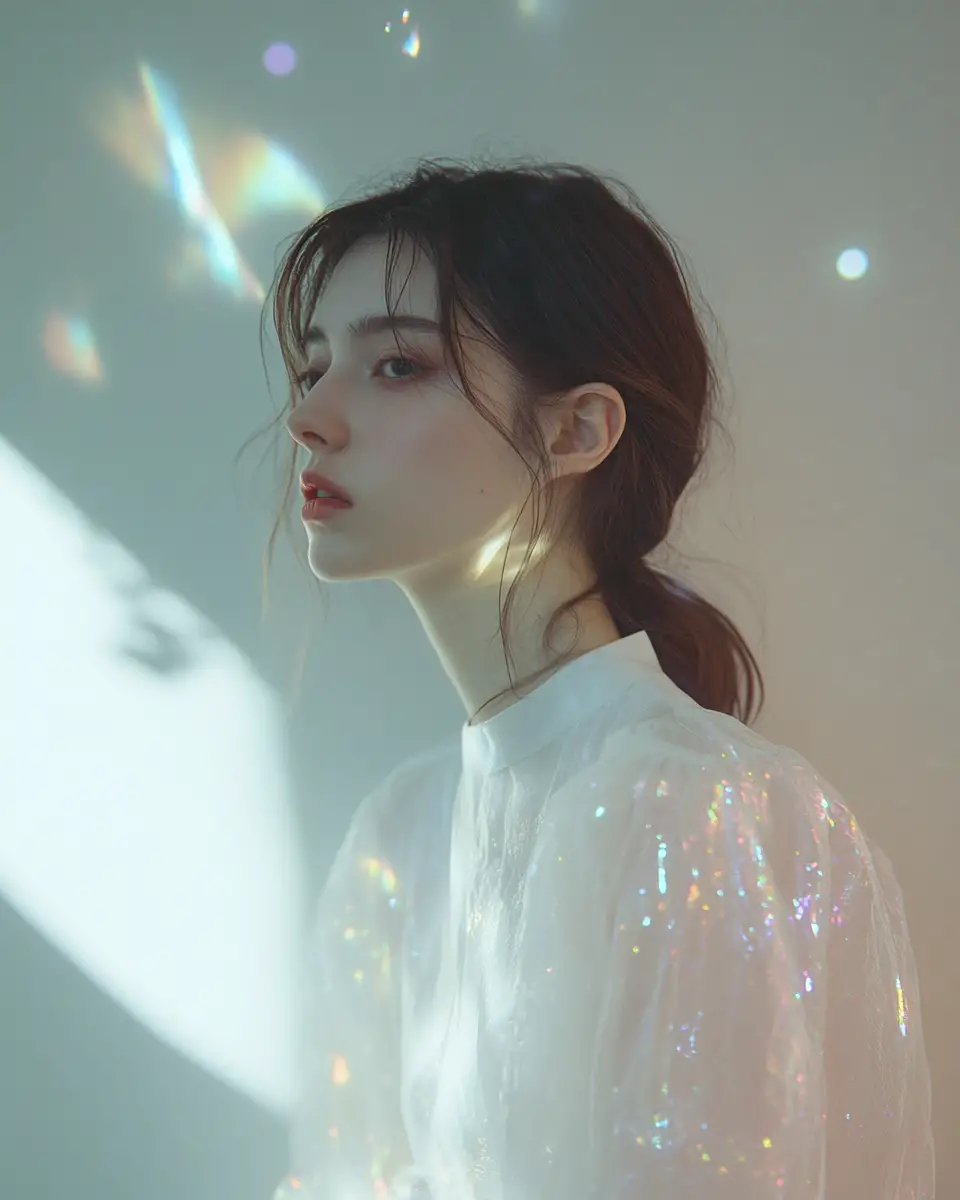 Femme mélancolique en mode avant‑garde aux doux tons pastels