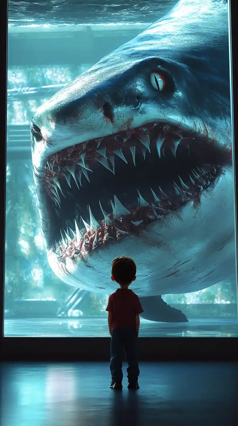 Ragazzo di fronte a uno squalo spaventato attraverso una grande finestra dell’acquario