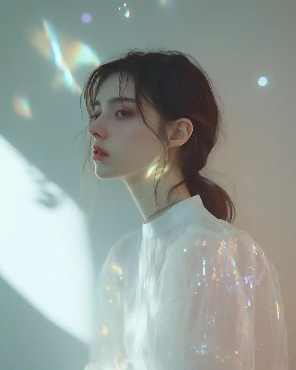 부드러운 파스텔 톤의 아방가르드 패션을 입은 우울한 여성
