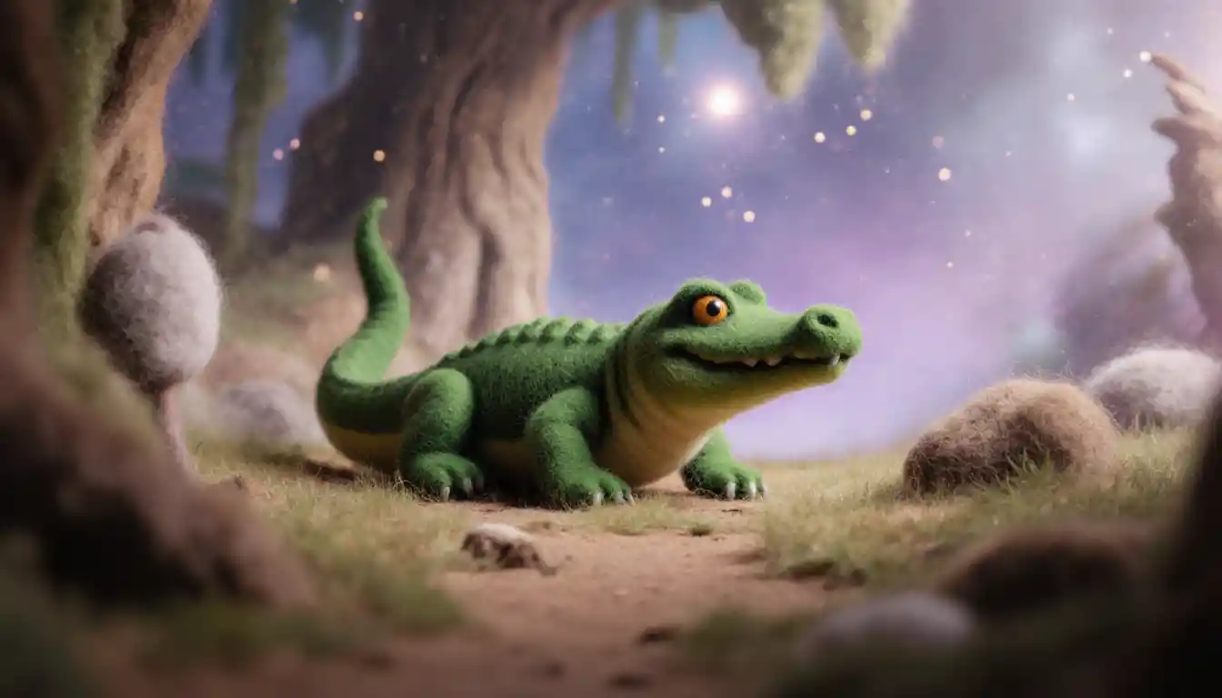 Needle felted crocodile in a cozy fairytale woolen world