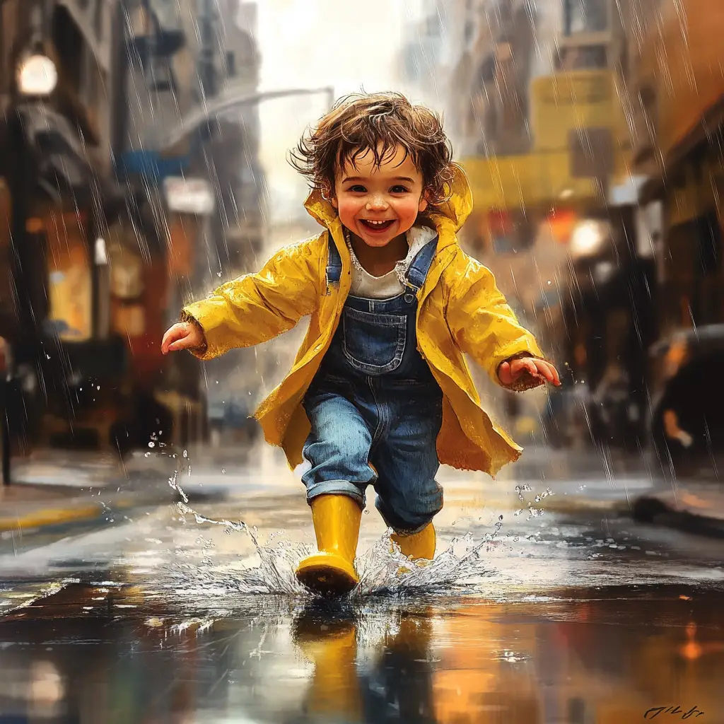Joyful little boy splashing in a rainy city street
