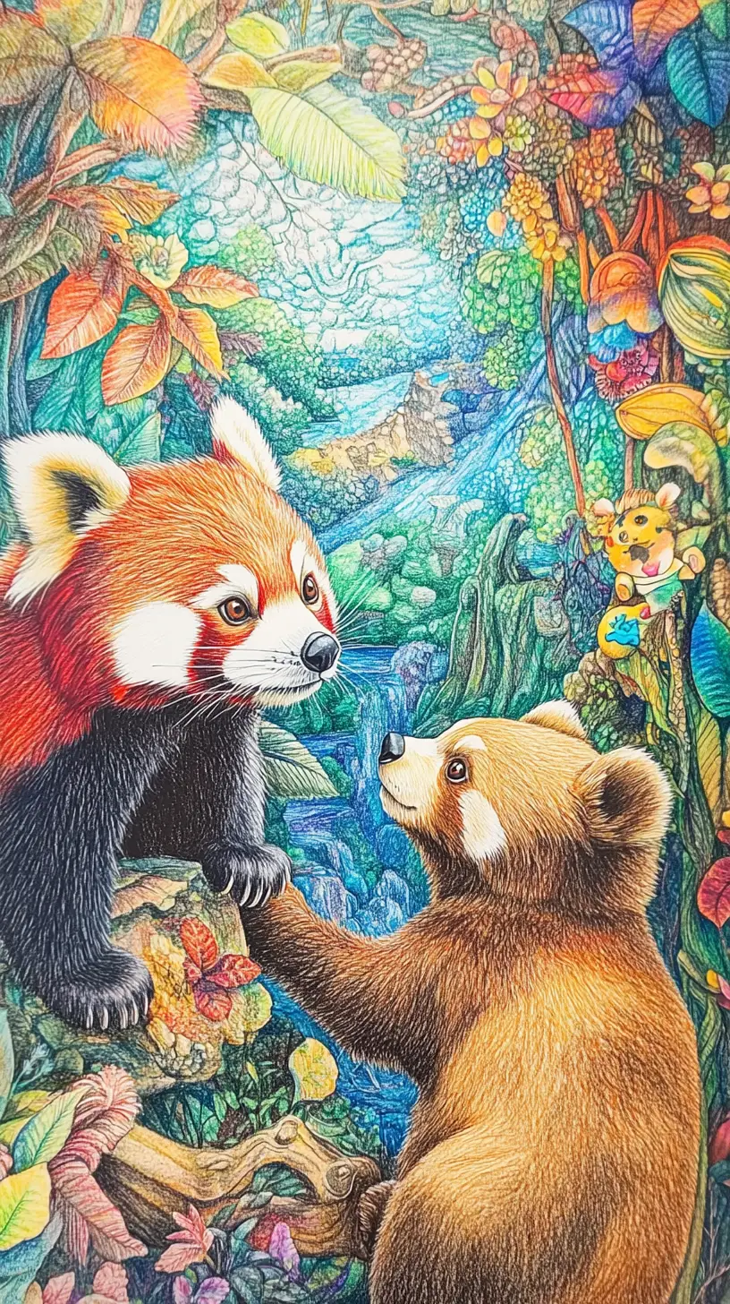 レッサーパンダとヒグマのカラフルな色鉛筆画