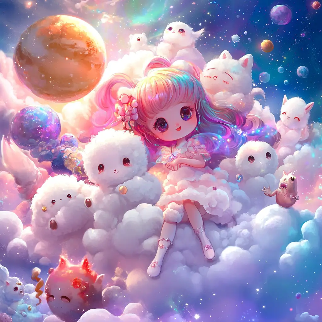 Fate chibi e cuccioli in un fantastico mondo dei sogni nello spazio