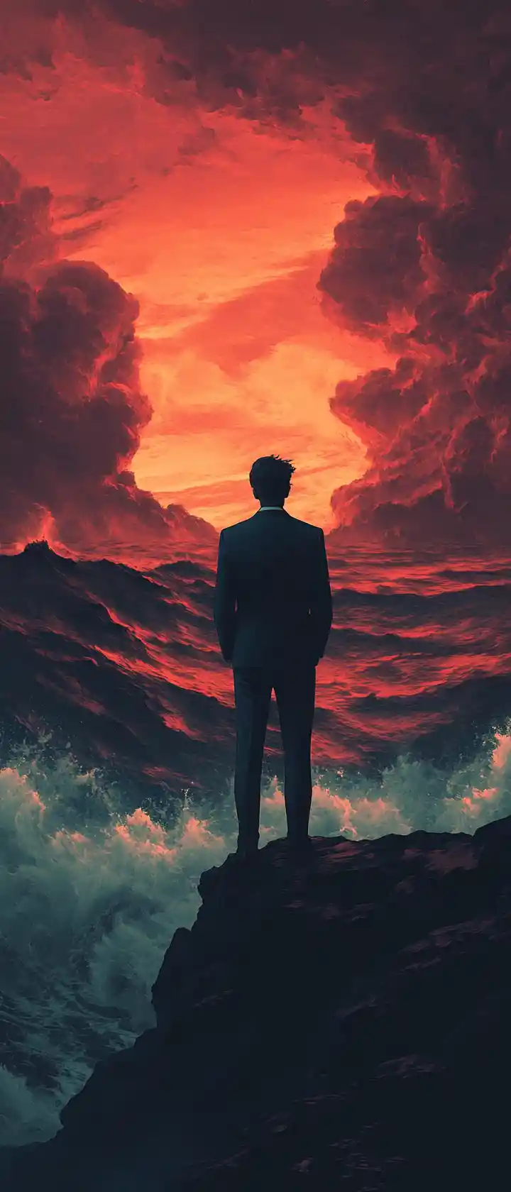身穿西裝的男子站在懸崖上俯瞰暴風雨下的海洋與夕陽