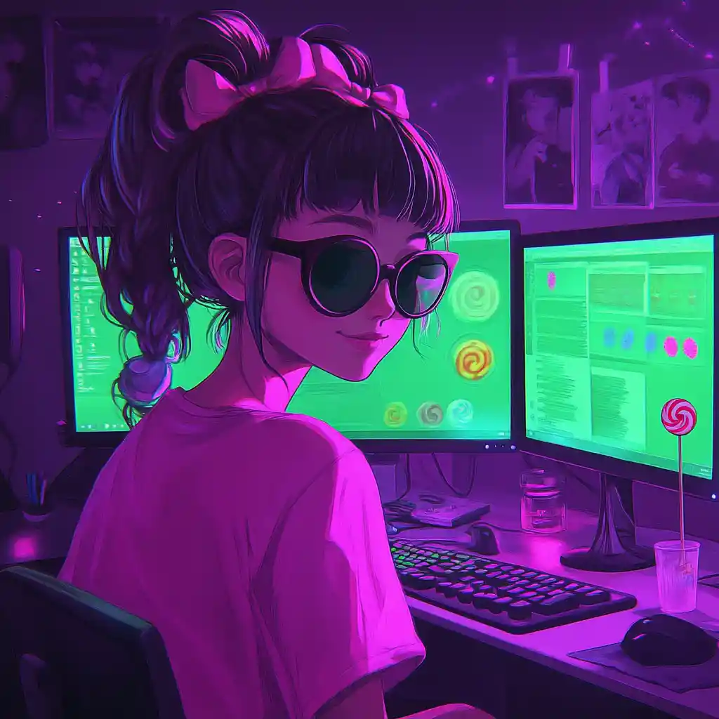 Ragazza anime con capelli di caramella in una accogliente stanza con computer