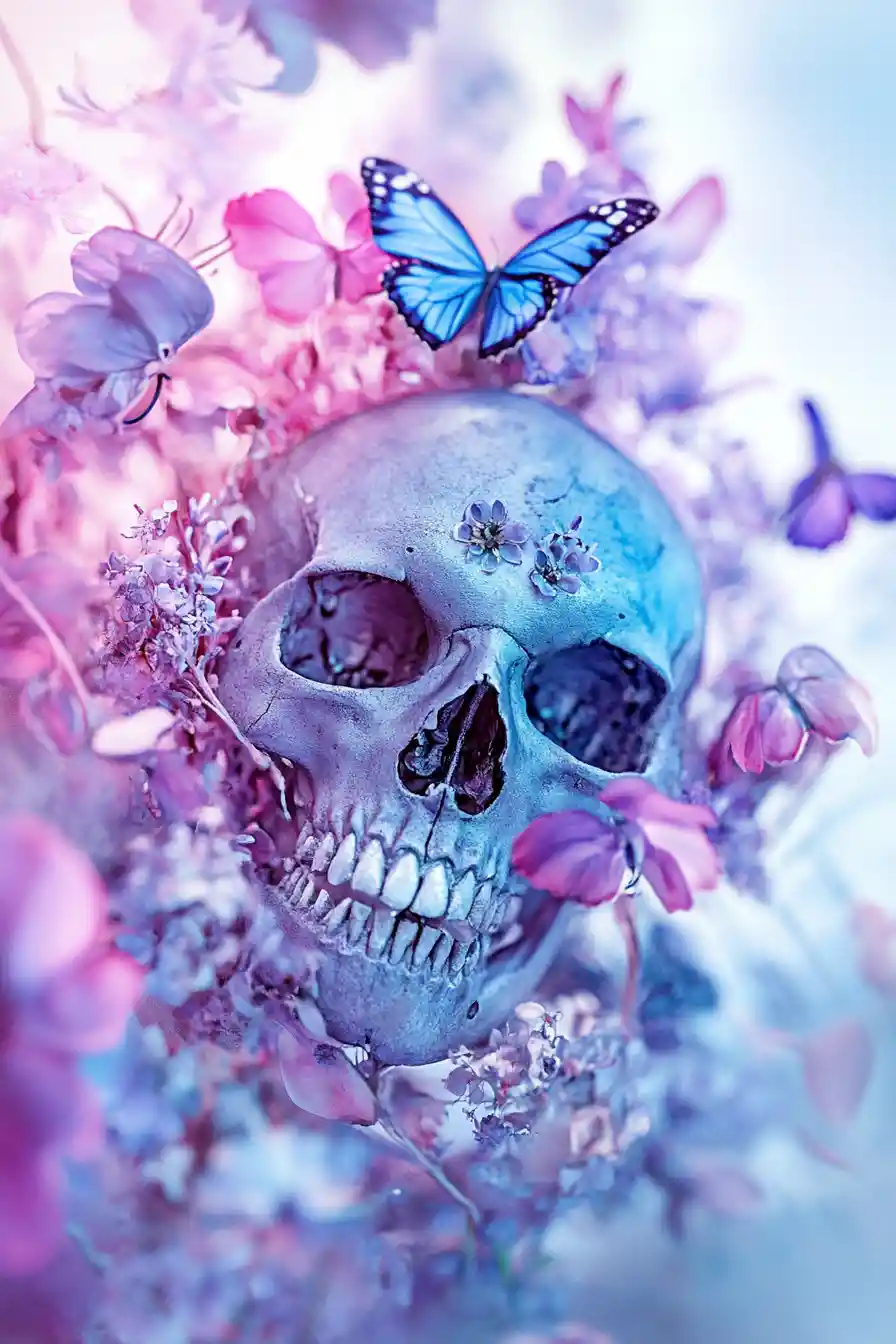 Illustration de crâne en aquarelle avec fleurs et papillons bleus