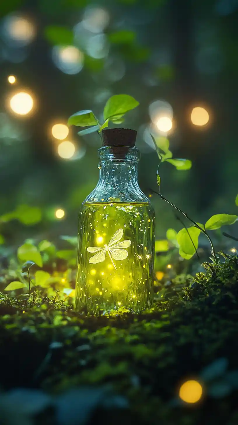 Primo piano di una bottiglia luminosa tra le lucciole nella foresta