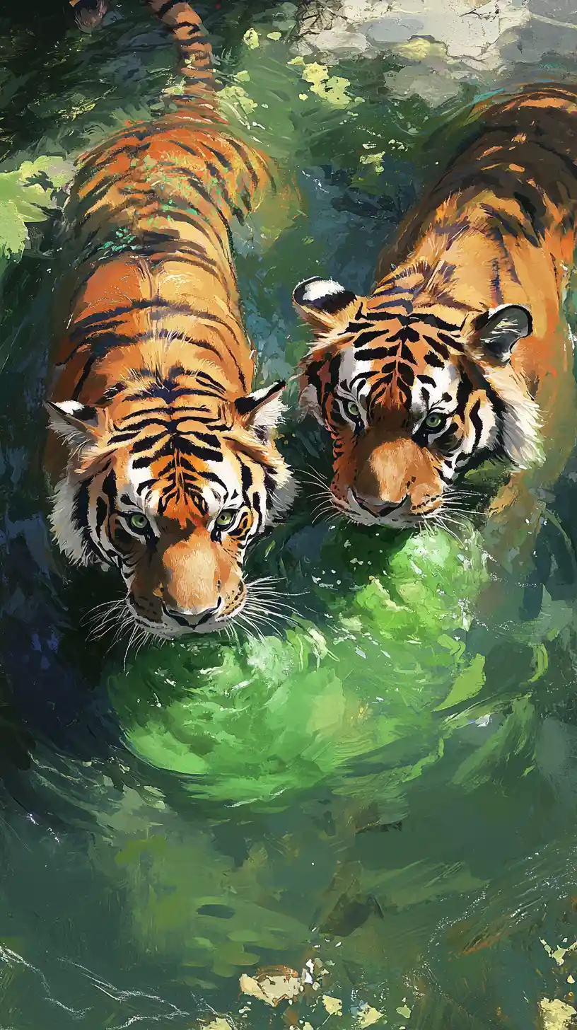 Zwei Tiger trinken in einem grünen Wasserbecken – Gemälde