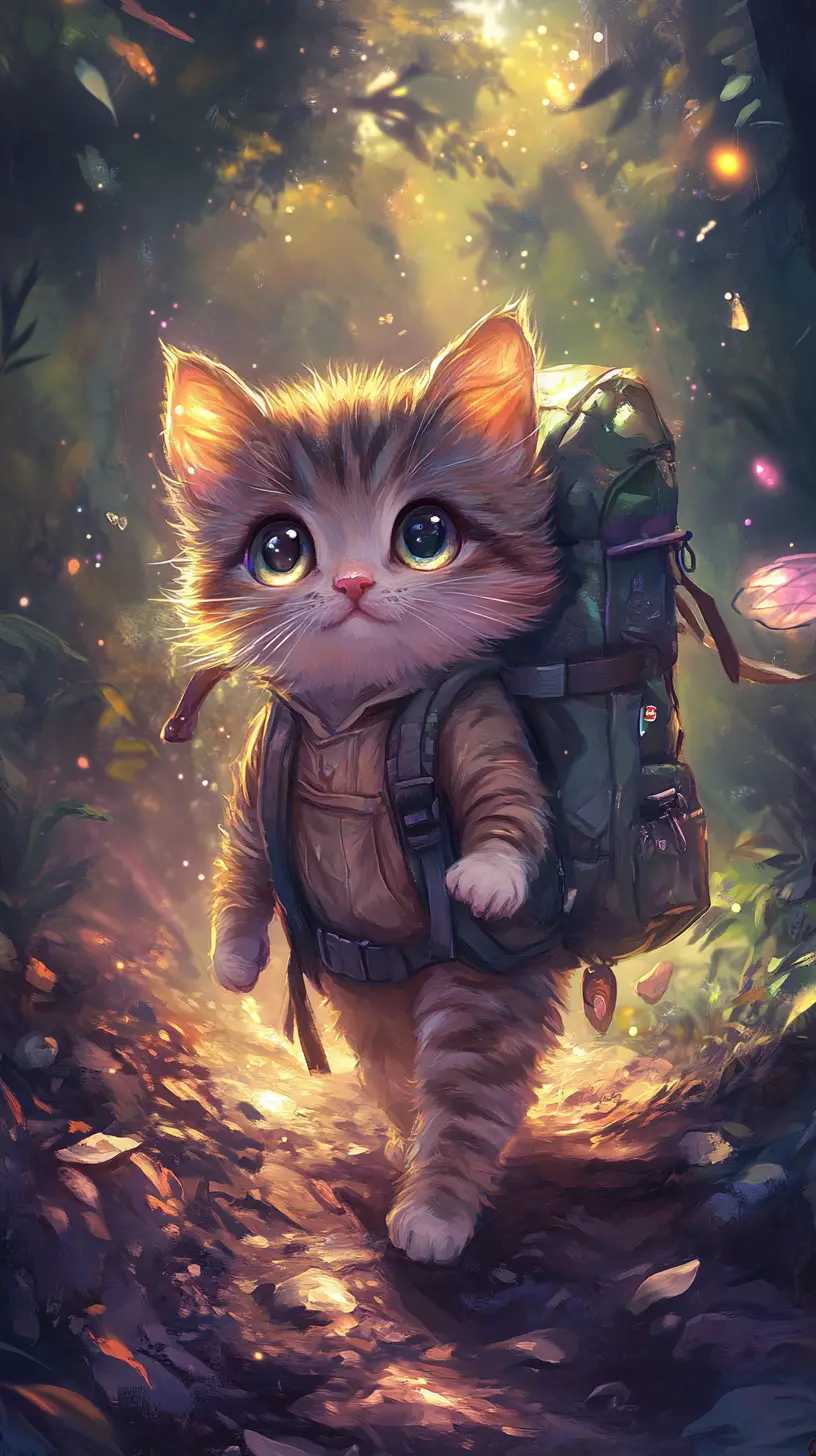 Dolce gattino fantasy che fa trekking su un sentiero di foresta luminoso