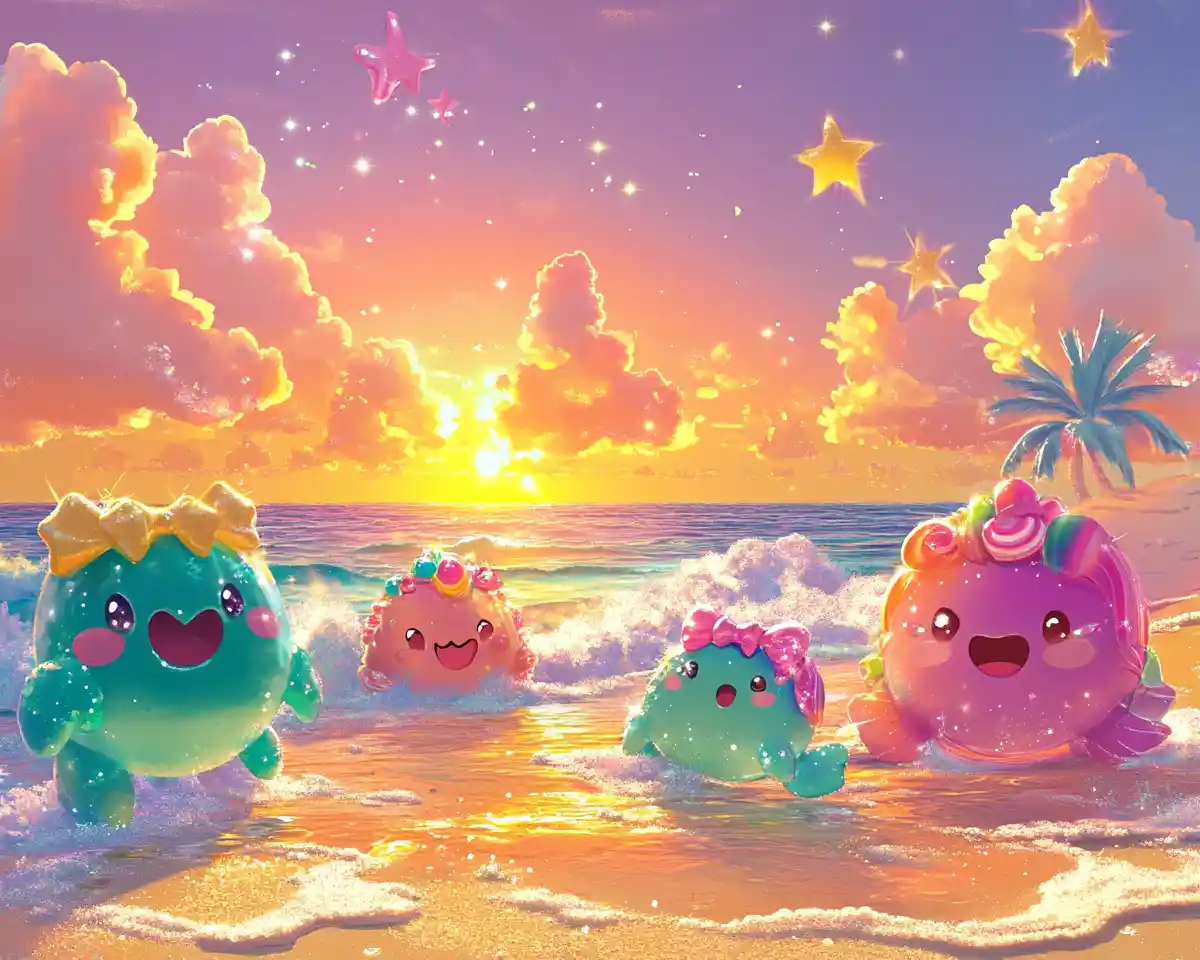 Anime beach at sunset with cute sea turtles