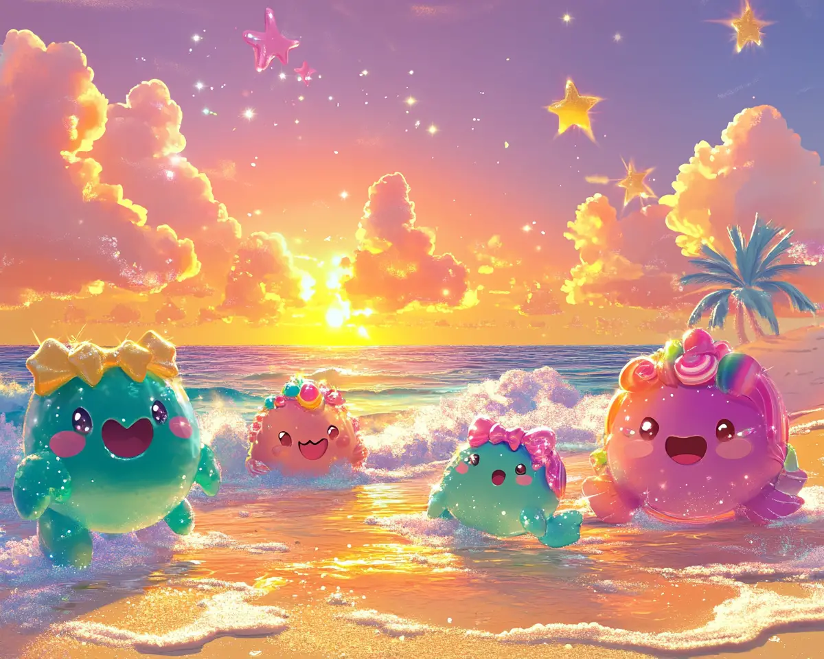 Plage d'anime au coucher du soleil avec de jolies tortues de mer