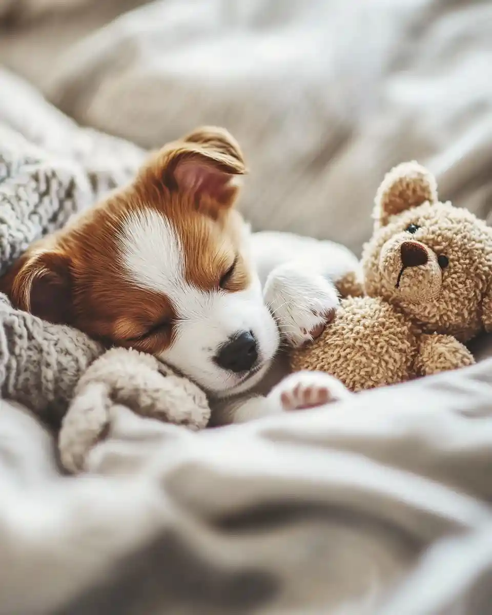 Schlafender Welpe kuschelt mit Teddybär auf einem gemütlichen Bett