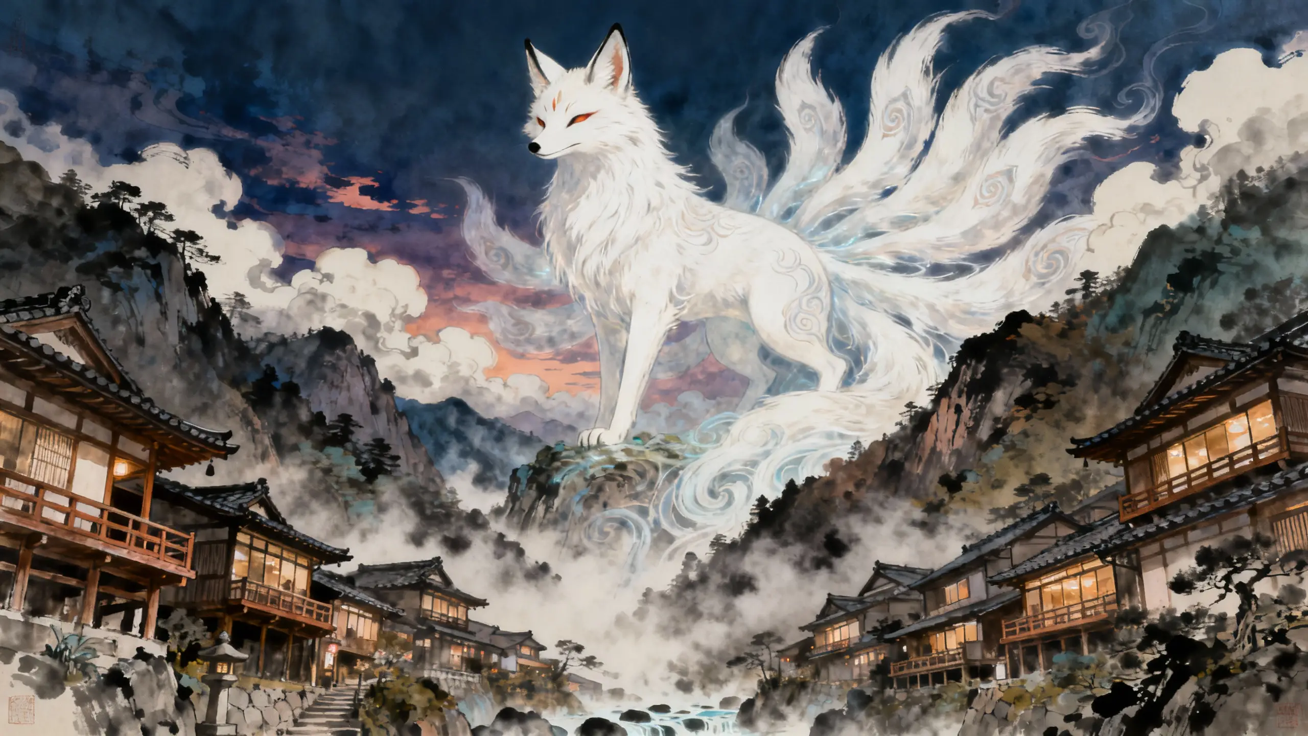 古老山村上空的神聖白狐靈