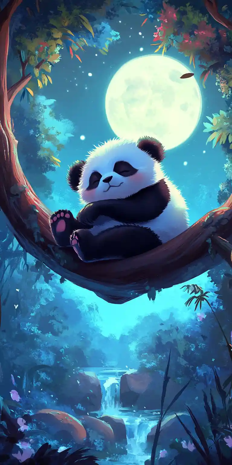 Cute Baby Panda Sleeping On A Moonlit Forest Tree