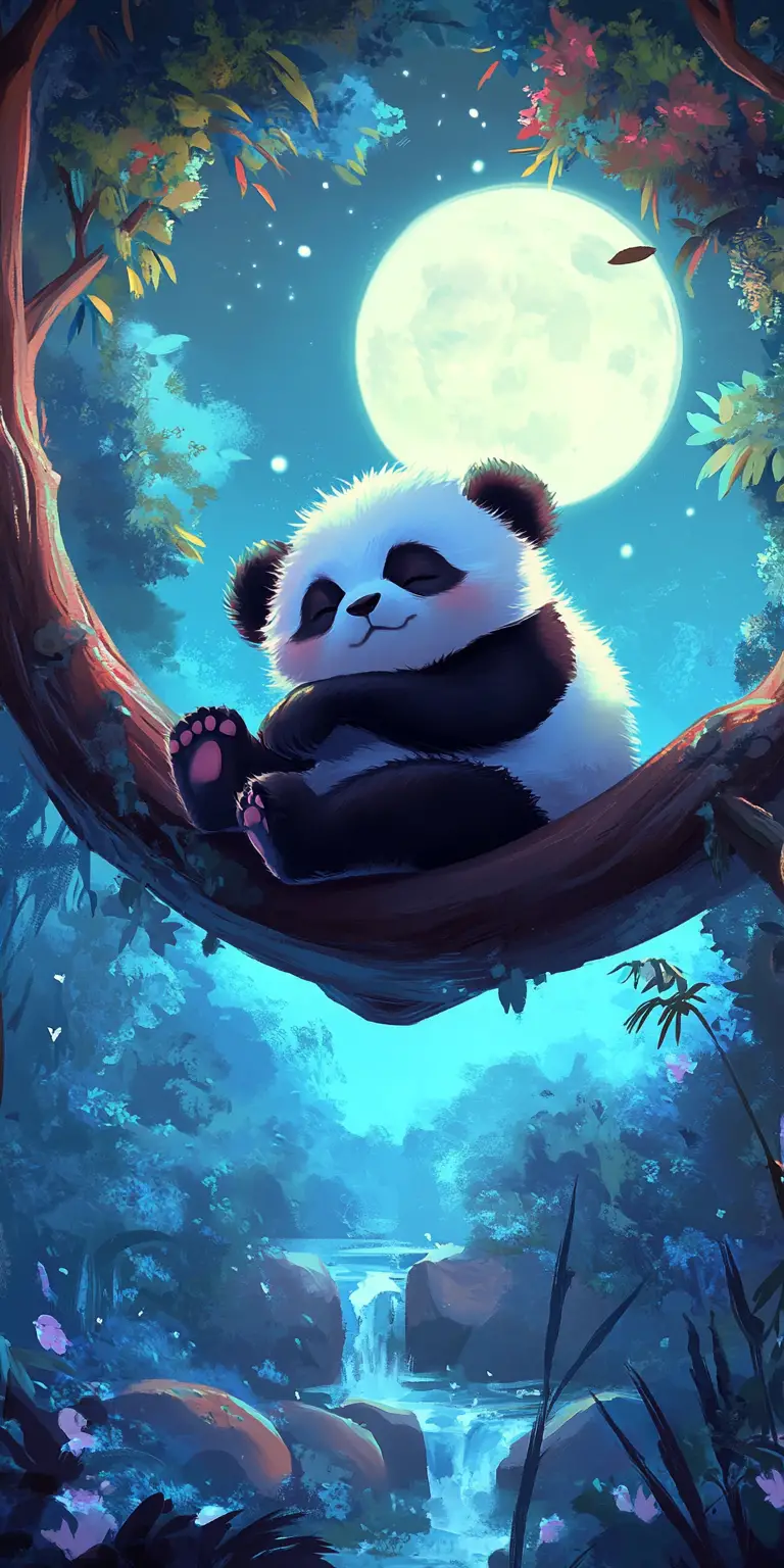 月明かりの森の木で眠るかわいい赤ちゃんパンダ