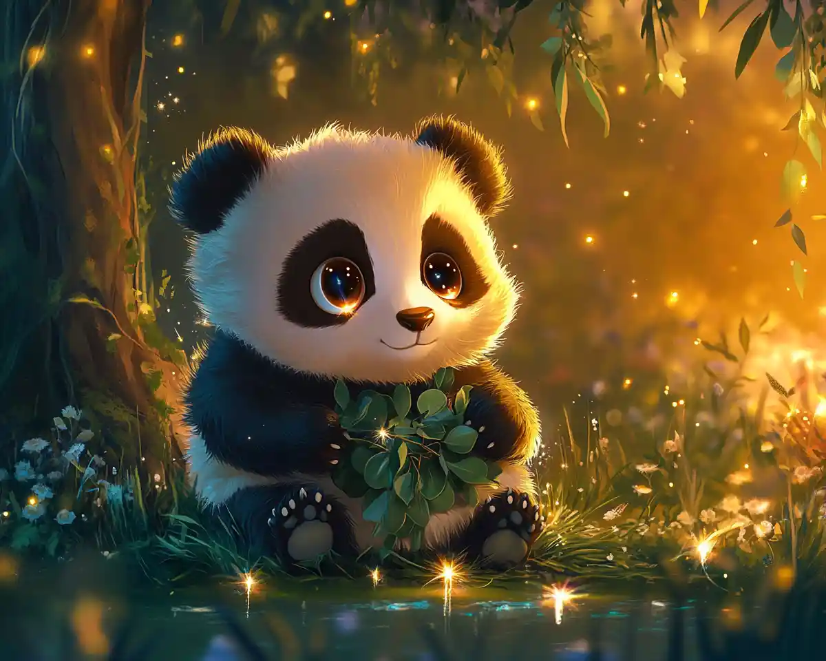 Cute 3d baby panda eating leaves on grass