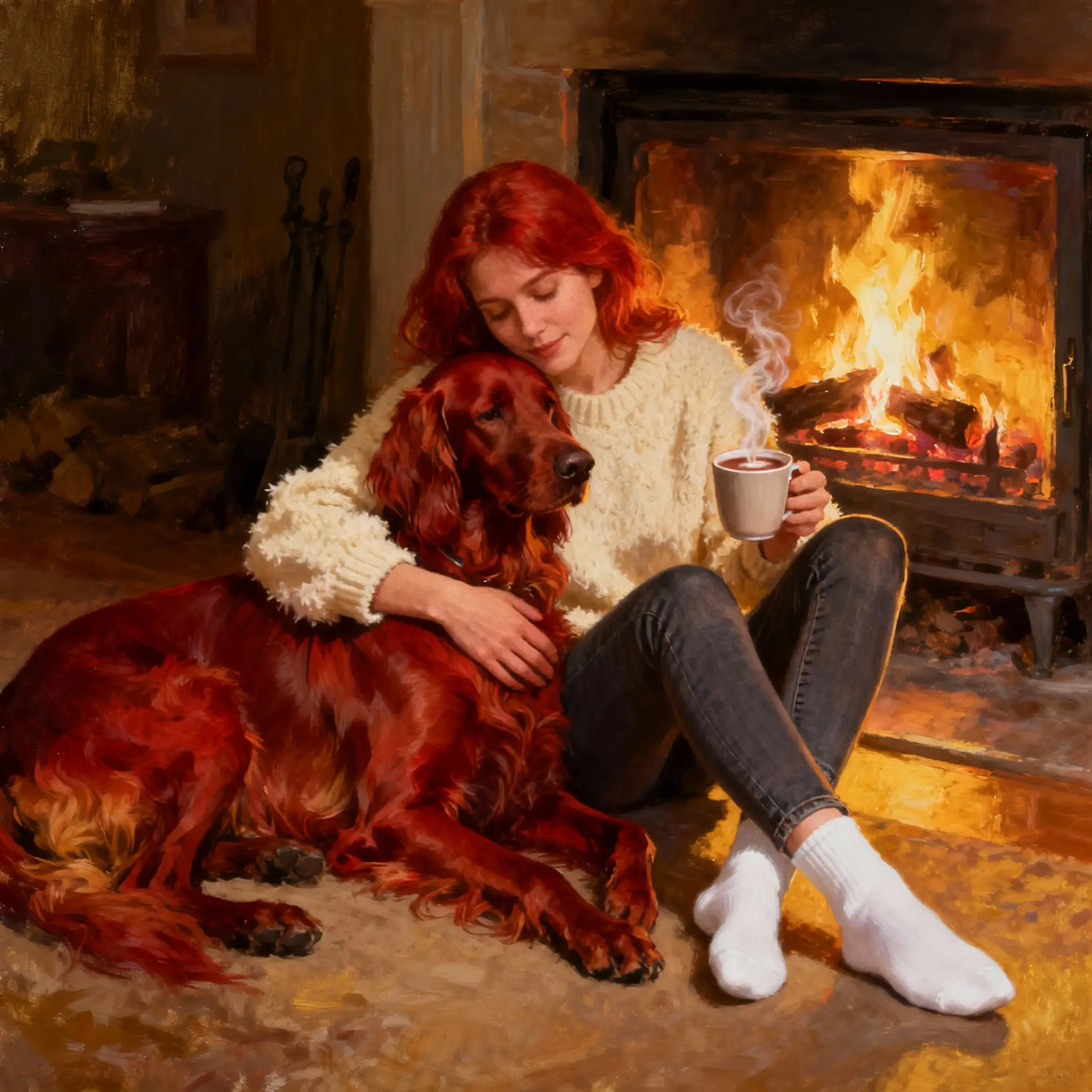 Mujer pelirroja abrazando a un setter irlandés junto a la chimenea