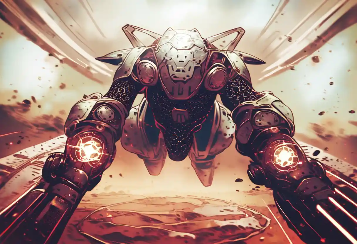 Gatto mecha in stile anime in battaglia nello spazio