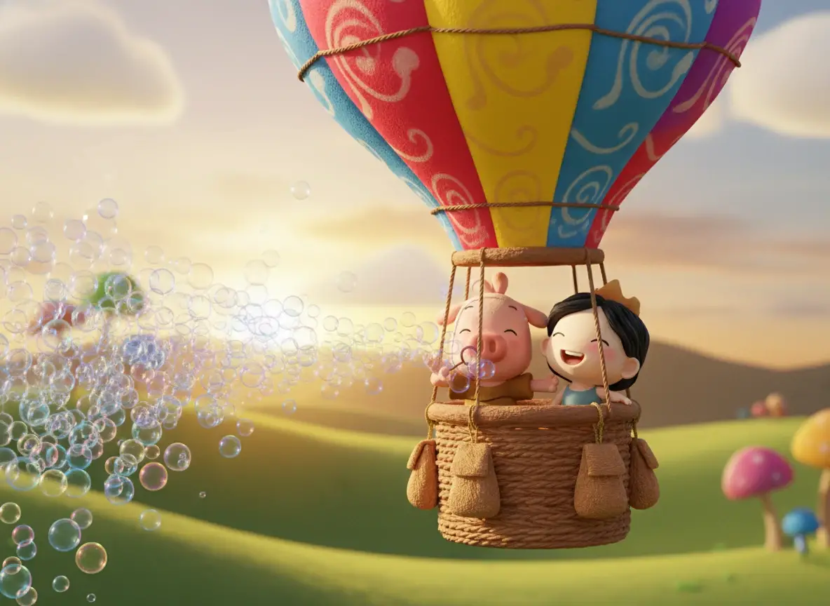 Joyful pig and girl flying in a whimsical hot air balloon