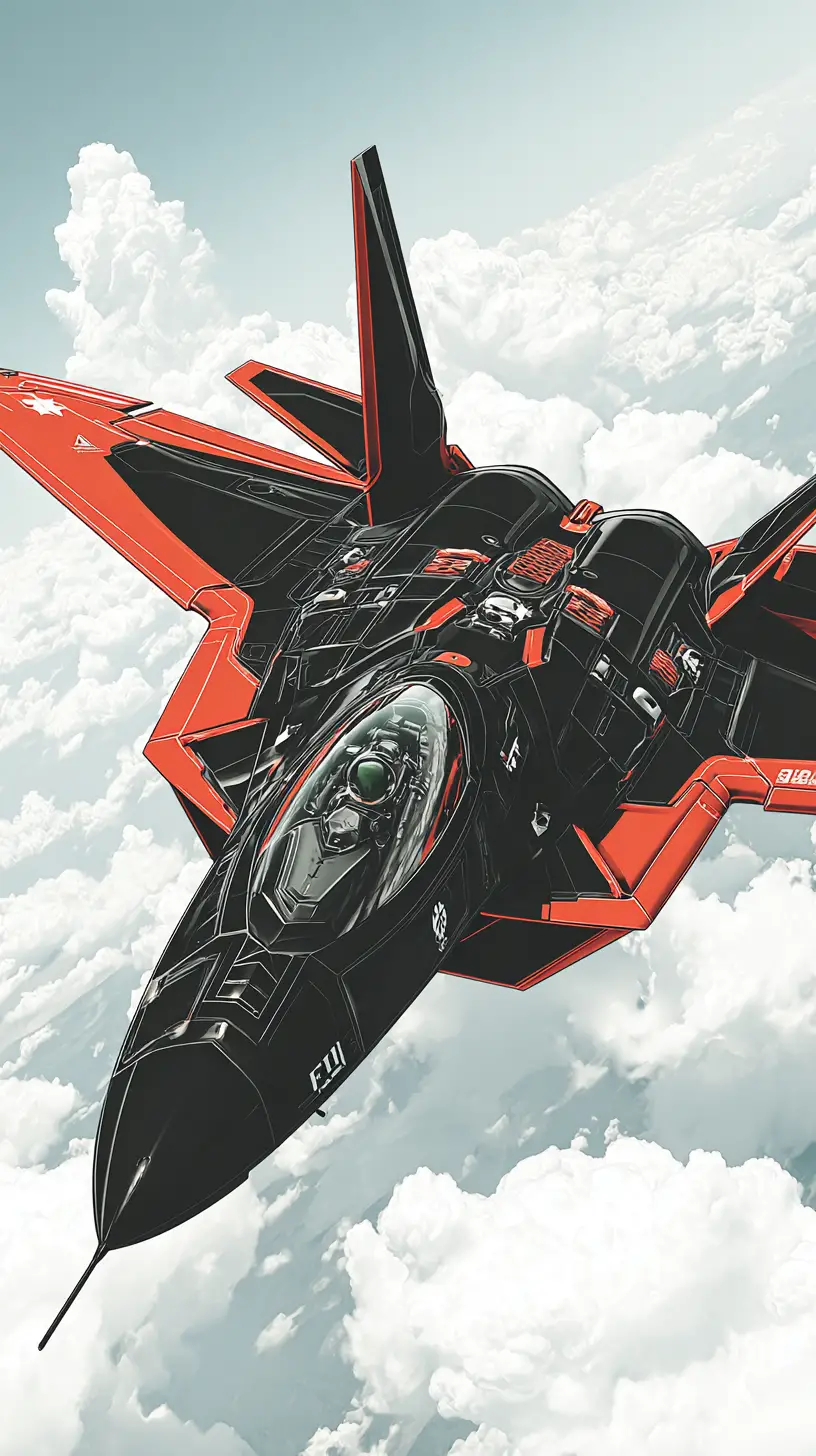 青空を背景にした黒と赤のF22戦闘機