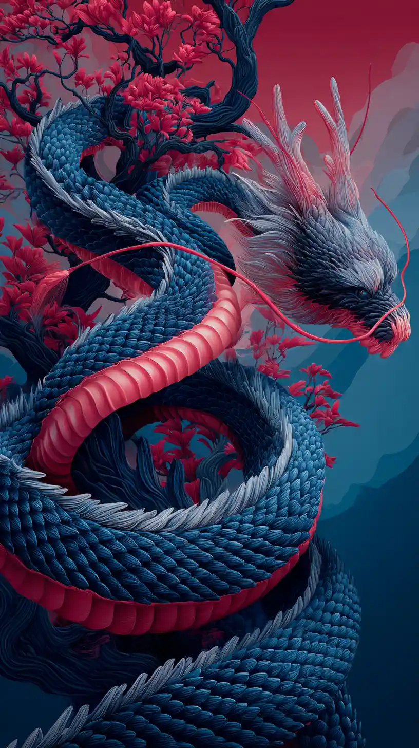 Chinese dragon swirling through the sky in fairy tale art