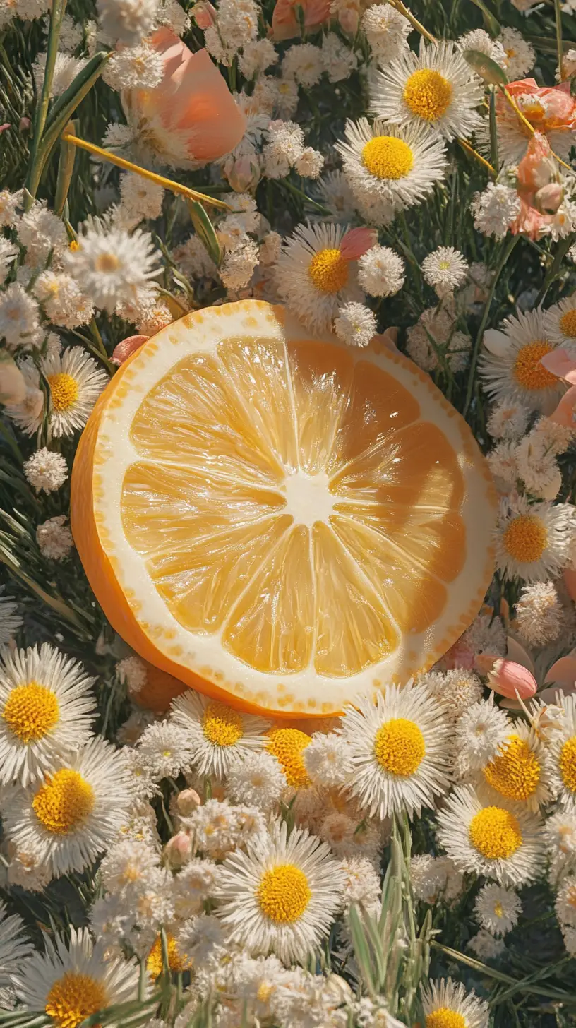 Fetta di agrume e frutti di bosco tra fiori primaverili in fiore