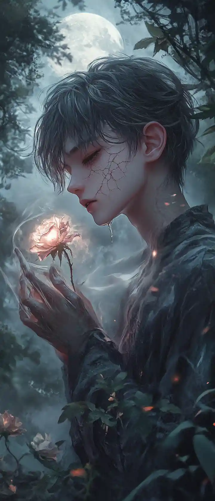 Garçon d’anime dans une forêt brumeuse tenant une rose fanée lumineuse