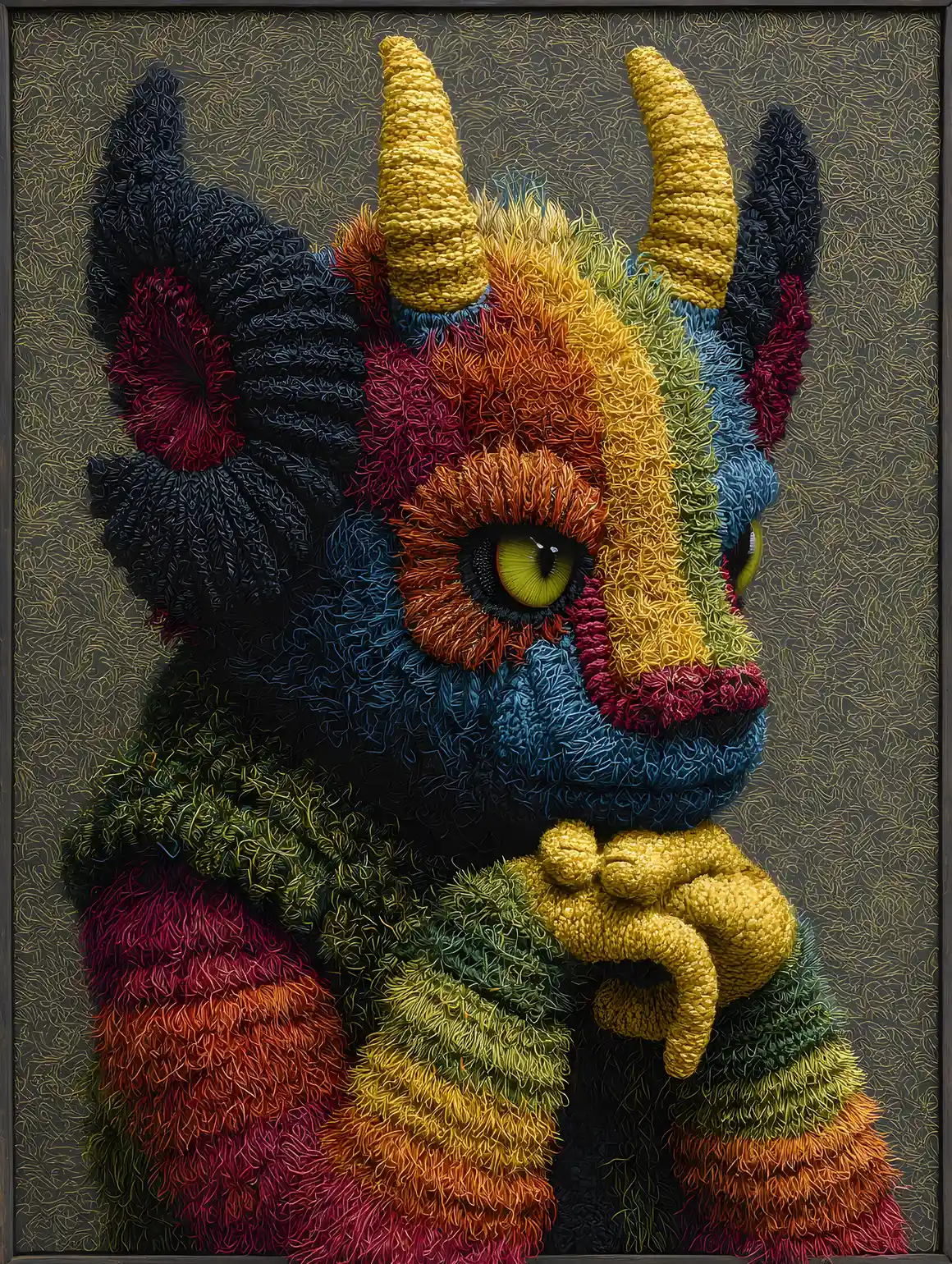 Gehäkeltes Monster in Vollansicht im modernen Dark-Art-Stil