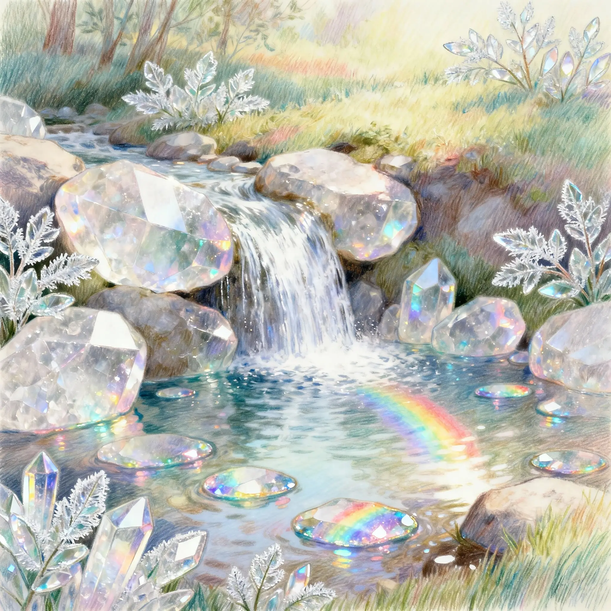 閃耀水晶瀑布與植物的魔幻田園景觀