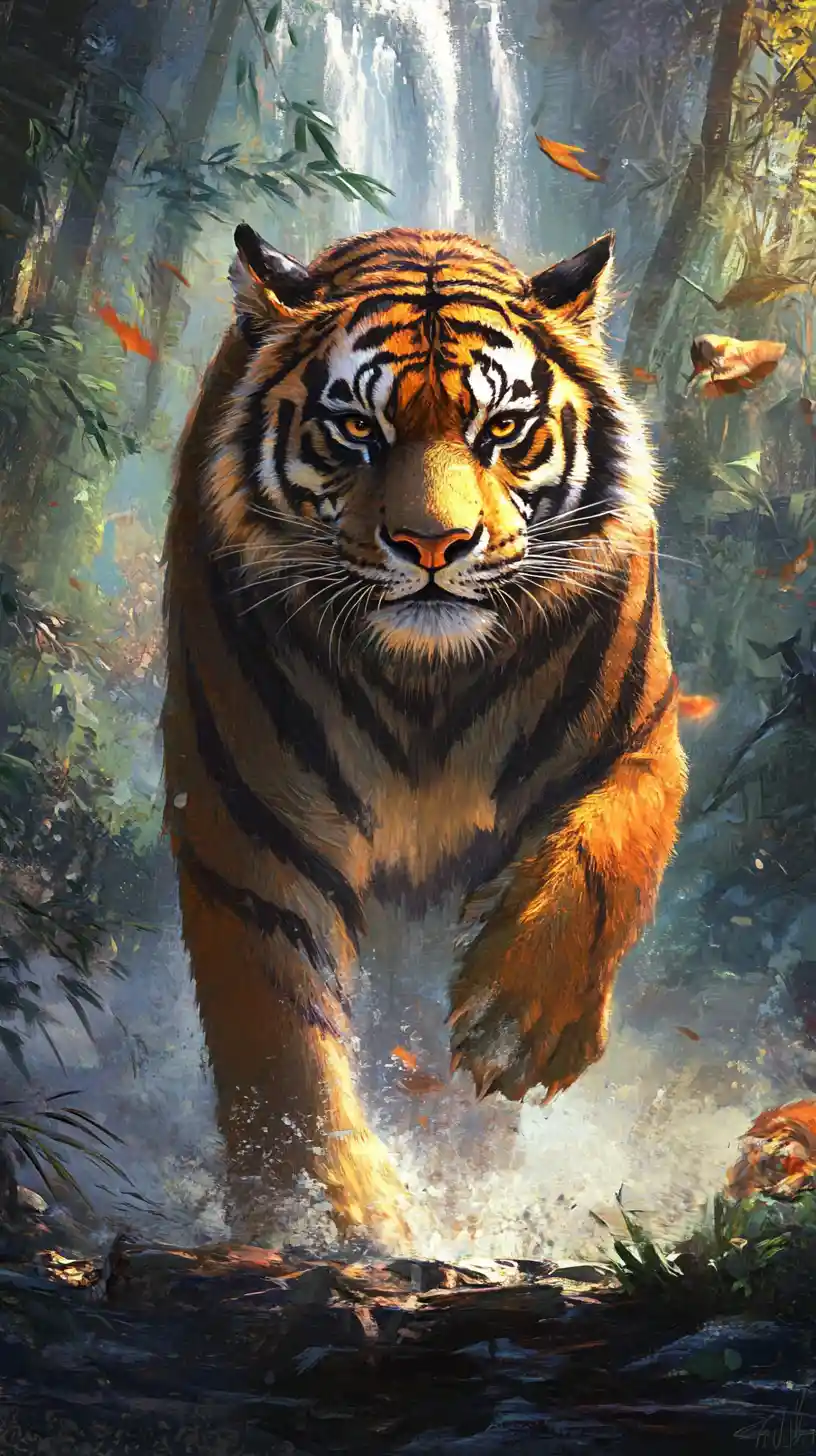 Tigre guardiana eroica al cancello di un tranquillo villaggio fantasy