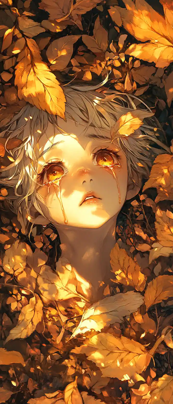 Fille d’anime dans une forêt dorée d’automne avec des feuilles qui tombent