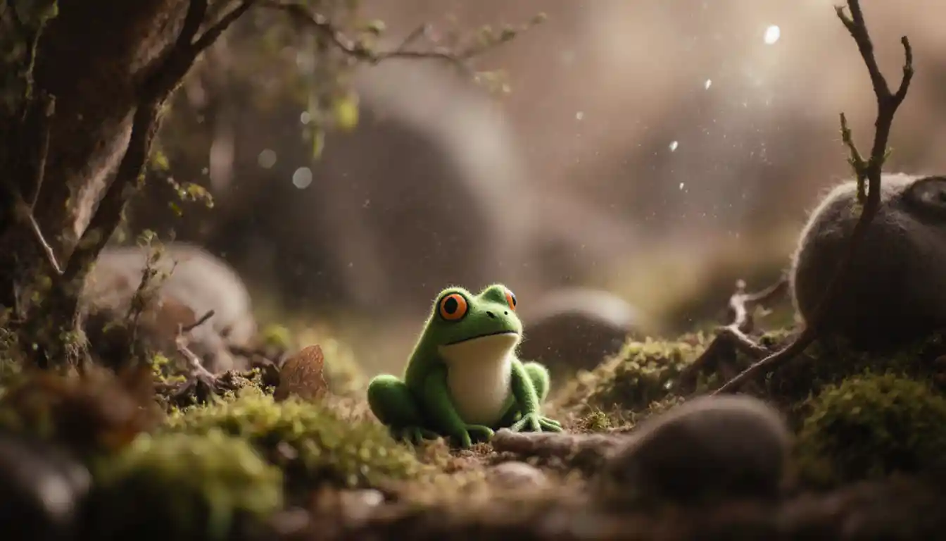 寧靜苔蘚微縮場景中的綠色毛氈青蛙