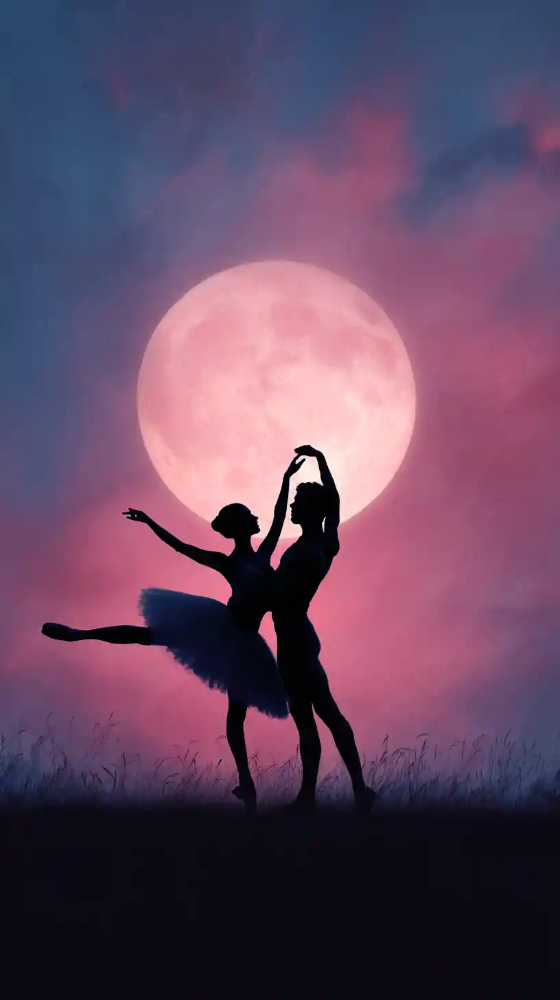 Danseurs de ballet en silhouette devant une pleine lune lumineuse