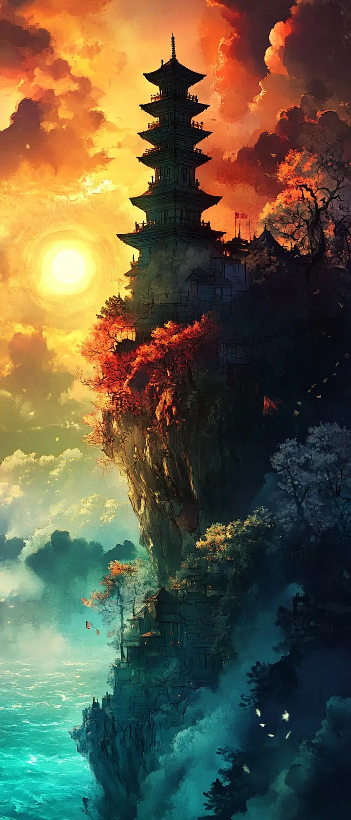 夕陽下碧綠海面上的古老寶塔燈塔