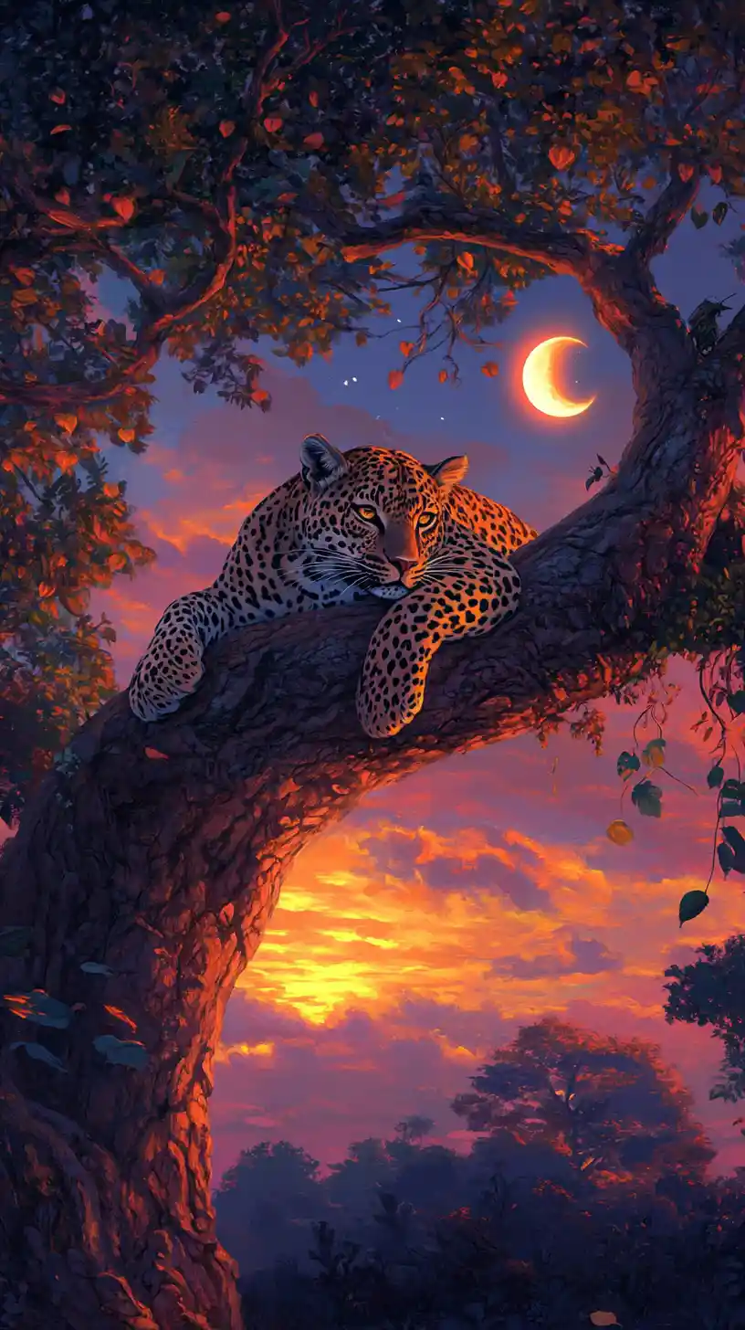 Leopard resting on a tree branch at magical twilight