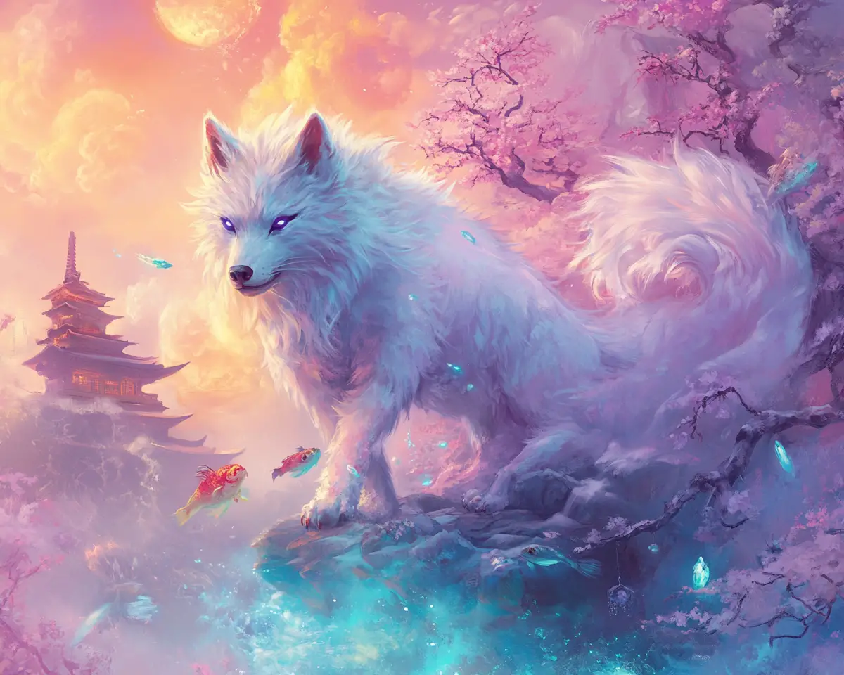 Petit loup mystique sur une branche de cerisier en fleurs lumineuse