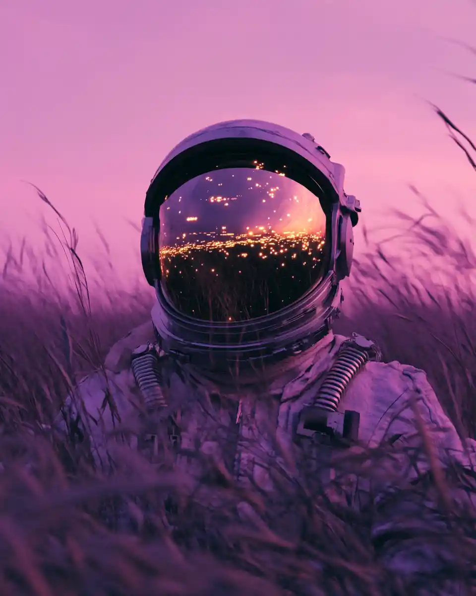 Astronaute debout dans les hautes herbes sous un ciel violet