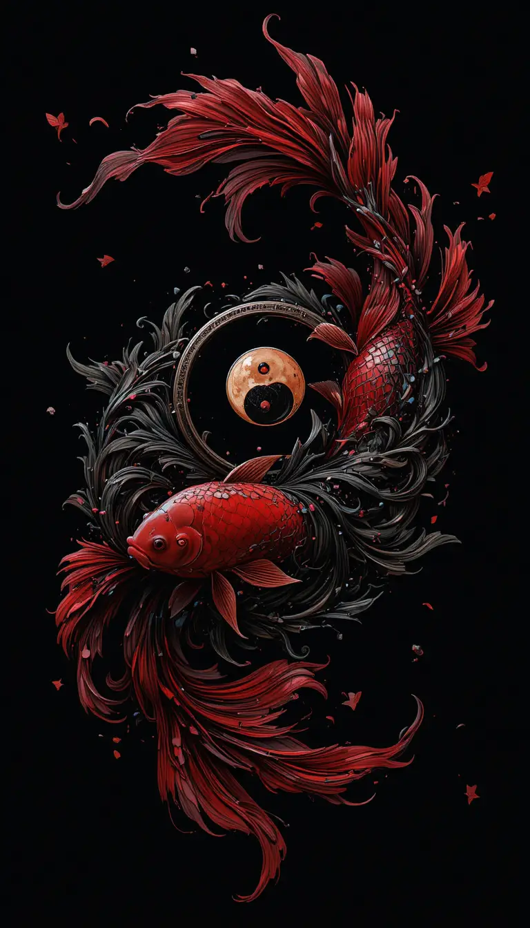 Pesci rossi e neri che circondano un simbolo yin e yang