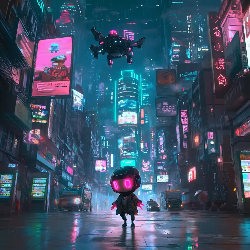 Città cyberpunk chibi con torri al neon di notte
