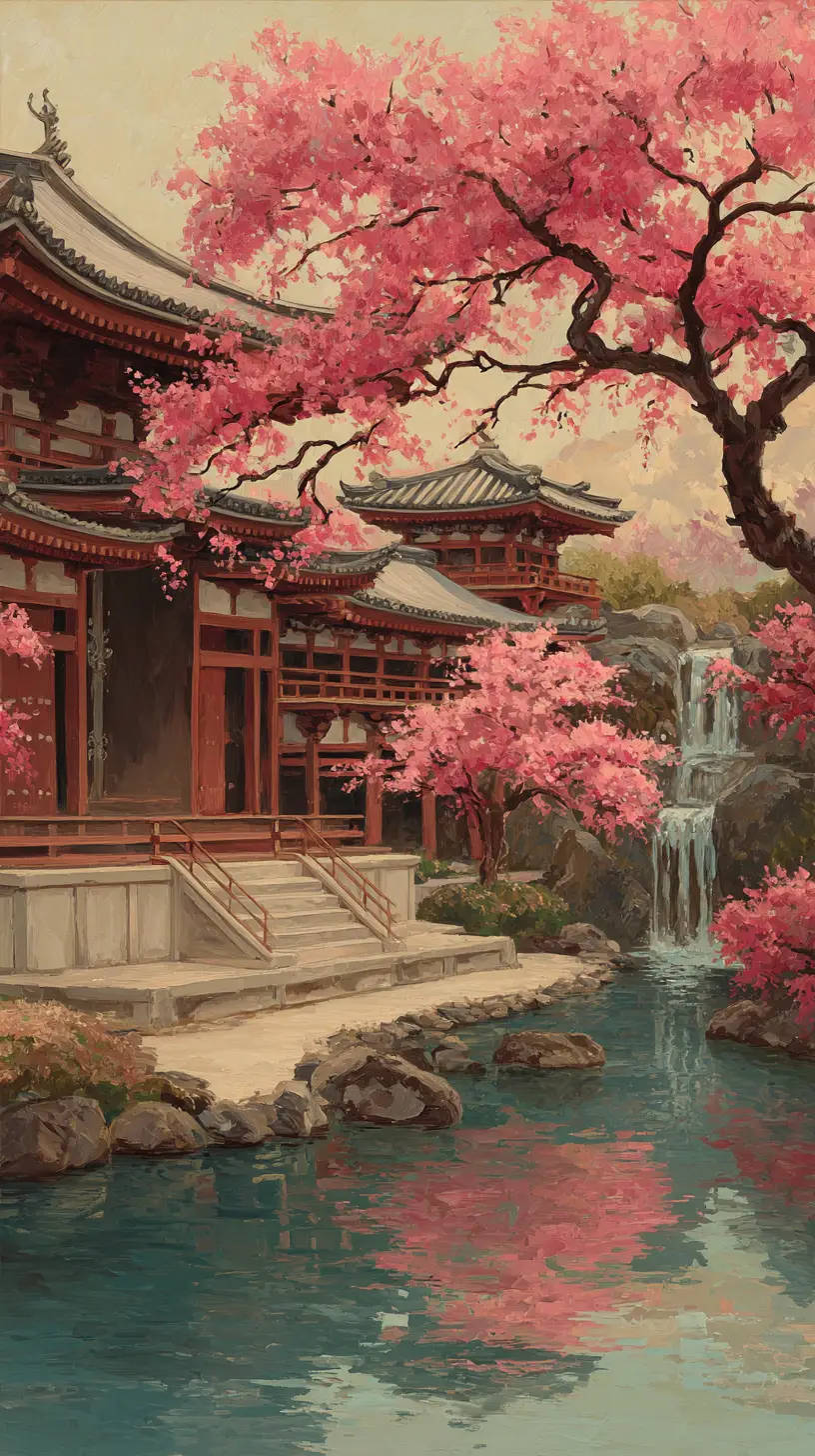 靜謐櫻花池畔的傳統日本寺廟